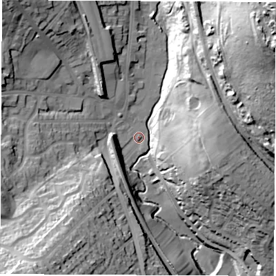 Shaded relief map of the ground around S351SY, computed from Environment Agency LiDAR. The ground here sits at about 74 m above sea level and falls 67 m across the surrounding 800 m. Surface water reaching this point runs off ground lying to the south-west, 36.8 m higher.