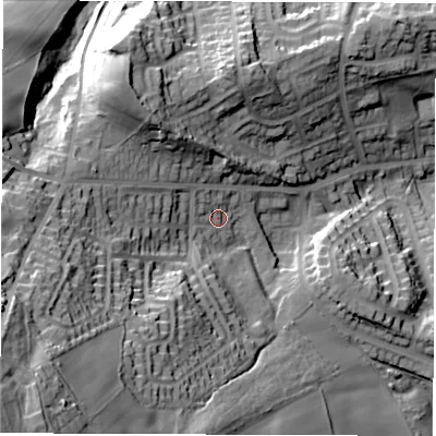 Shaded relief map of the ground around S351TB, computed from Environment Agency LiDAR. The ground here sits at about 126 m above sea level and falls 66 m across the surrounding 800 m. Surface water reaching this point runs off ground lying to the south-west, 48.8 m higher.