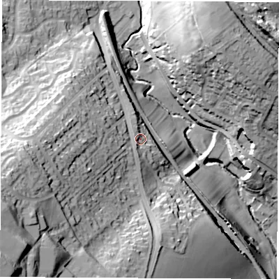 Shaded relief map of the ground around S351TD, computed from Environment Agency LiDAR. The ground here sits at about 85 m above sea level and falls 63 m across the surrounding 800 m. Surface water reaching this point runs off ground lying to the south-west, 38.6 m higher.