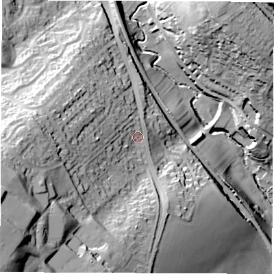 Shaded relief map of the ground around S351TE, computed from Environment Agency LiDAR. The ground here sits at about 89 m above sea level and falls 63 m across the surrounding 800 m. Surface water reaching this point runs off ground lying to the south-west, 38.2 m higher.