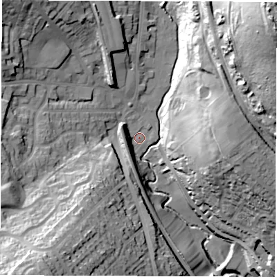 Shaded relief map of the ground around S351TF, computed from Environment Agency LiDAR. The ground here sits at about 74 m above sea level and falls 63 m across the surrounding 800 m. Surface water reaching this point runs off ground lying to the south-west, 39.3 m higher.