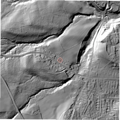 Shaded relief map of the ground around S351TS, computed from Environment Agency LiDAR. The ground here sits at about 150 m above sea level and falls 80 m across the surrounding 800 m. Surface water reaching this point runs off ground lying to the west-south-west, 28.7 m higher.