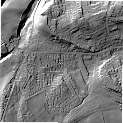 Shaded relief map of the ground around S351TU, computed from Environment Agency LiDAR. The ground here sits at about 129 m above sea level and falls 68 m across the surrounding 800 m. Surface water reaching this point runs off ground lying to the south-west, 49.8 m higher.