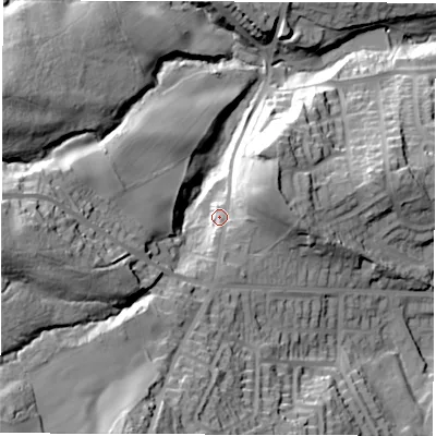 Shaded relief map of the ground around S351TZ, computed from Environment Agency LiDAR. The ground here sits at about 135 m above sea level and falls 70 m across the surrounding 800 m. Surface water reaching this point runs off ground lying to the south-south-west, 16.1 m higher.