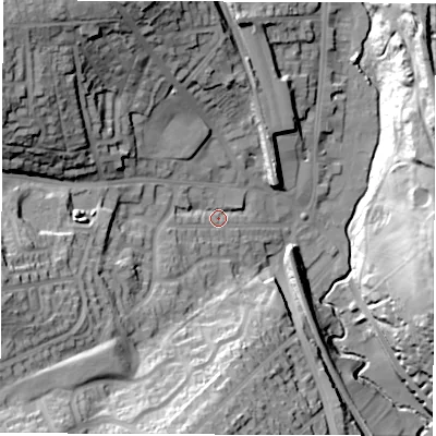 Shaded relief map of the ground around S351WX, computed from Environment Agency LiDAR. The ground here sits at about 80 m above sea level and falls 41 m across the surrounding 800 m. Surface water reaching this point runs off ground lying to the west-south-west, 24.5 m higher.