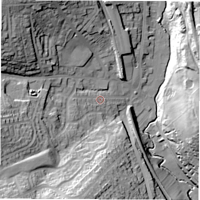 Shaded relief map of the ground around S351WY, computed from Environment Agency LiDAR. The ground here sits at about 80 m above sea level and falls 41 m across the surrounding 800 m. Surface water reaching this point runs off ground lying to the west-south-west, 5.1 m higher.