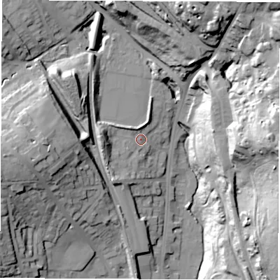 Shaded relief map of the ground around S352BA, computed from Environment Agency LiDAR. The ground here sits at about 85 m above sea level and falls 55 m across the surrounding 800 m. Surface water reaching this point runs off ground lying to the west, 11.0 m higher.