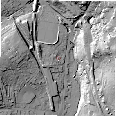 Shaded relief map of the ground around S352BB, computed from Environment Agency LiDAR. The ground here sits at about 83 m above sea level and falls 57 m across the surrounding 800 m. Surface water reaching this point runs off ground lying to the west-south-west, 8.4 m higher.