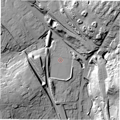 Shaded relief map of the ground around S352PF, computed from Environment Agency LiDAR. The ground here sits at about 85 m above sea level and falls 53 m across the surrounding 800 m. Surface water reaching this point runs off ground lying to the north, 30.9 m higher.
