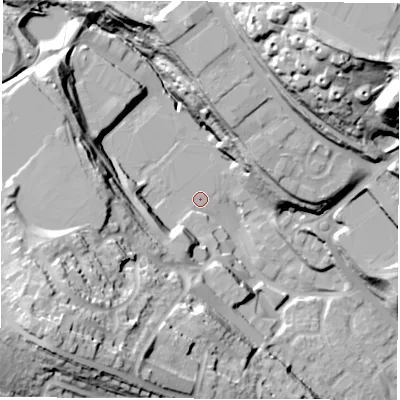Shaded relief map of the ground around S352PH, computed from Environment Agency LiDAR. The ground here sits at about 94 m above sea level and falls 51 m across the surrounding 800 m. Surface water reaching this point runs off ground lying to the south-west, 38.6 m higher.