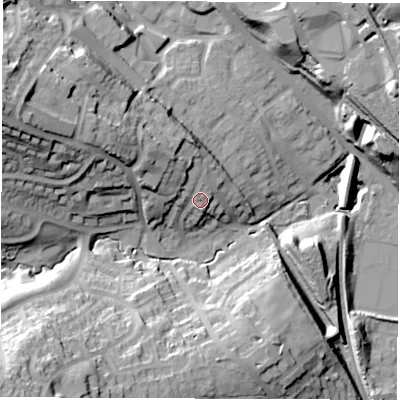 Shaded relief map of the ground around S352QX, computed from Environment Agency LiDAR. The ground here sits at about 97 m above sea level and falls 45 m across the surrounding 800 m. Surface water reaching this point runs off ground lying to the north-west, 10.3 m higher.