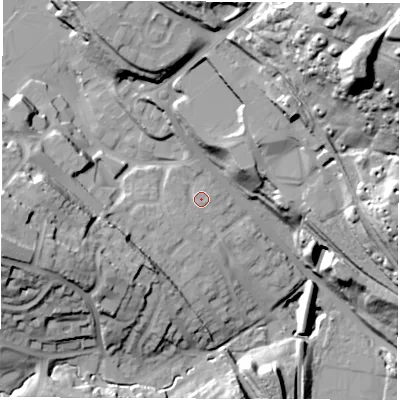 Shaded relief map of the ground around S352TD, computed from Environment Agency LiDAR. The ground here sits at about 95 m above sea level and falls 63 m across the surrounding 800 m. Surface water reaching this point runs off ground lying to the north, 2.3 m higher.
