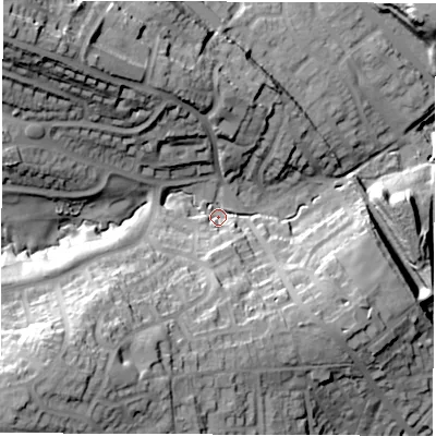 Shaded relief map of the ground around S352UL, computed from Environment Agency LiDAR. The ground here sits at about 91 m above sea level and falls 49 m across the surrounding 800 m. Surface water reaching this point runs off ground lying to the north-west, 40.3 m higher.