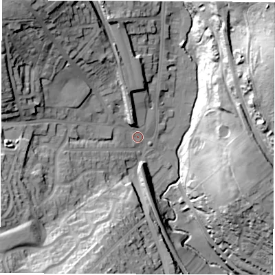 Shaded relief map of the ground around S352UU, computed from Environment Agency LiDAR. The ground here sits at about 76 m above sea level and falls 57 m across the surrounding 800 m. Surface water reaching this point runs off ground lying to the north-west, 31.8 m higher.