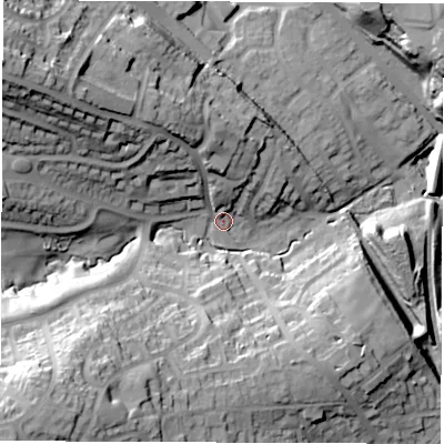 Shaded relief map of the ground around S352UZ, computed from Environment Agency LiDAR. The ground here sits at about 91 m above sea level and falls 48 m across the surrounding 800 m. Surface water reaching this point runs off ground lying to the north-west, 22.7 m higher.