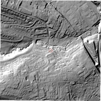 Shaded relief map of the ground around S352WW, computed from Environment Agency LiDAR. The ground here sits at about 96 m above sea level and falls 48 m across the surrounding 800 m. Surface water reaching this point runs off ground lying to the south-south-west, 9.6 m higher.