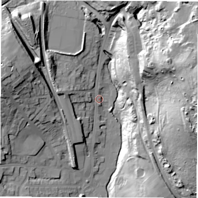 Shaded relief map of the ground around S352XF, computed from Environment Agency LiDAR. The ground here sits at about 79 m above sea level and falls 63 m across the surrounding 800 m. Surface water reaching this point runs off ground lying to the west-north-west, 3.4 m higher.
