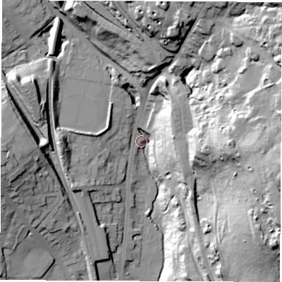 Shaded relief map of the ground around S352XG, computed from Environment Agency LiDAR. The ground here sits at about 80 m above sea level and falls 63 m across the surrounding 800 m. Surface water reaching this point runs off ground lying to the east, 59.8 m higher.