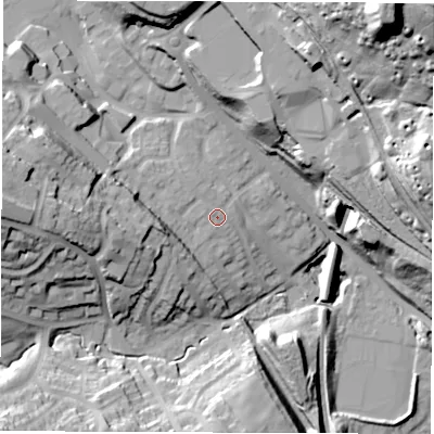 Shaded relief map of the ground around S352YF, computed from Environment Agency LiDAR. The ground here sits at about 95 m above sea level and falls 60 m across the surrounding 800 m. Surface water reaching this point runs off ground lying to the north-west, 1.0 m higher.