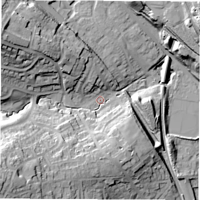 Shaded relief map of the ground around S352YJ, computed from Environment Agency LiDAR. The ground here sits at about 89 m above sea level and falls 45 m across the surrounding 800 m. Surface water reaching this point runs off ground lying to the south-west, 37.5 m higher.