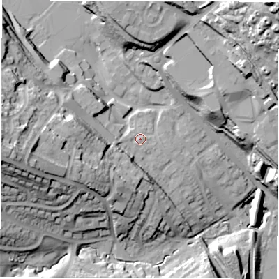 Shaded relief map of the ground around S352YL, computed from Environment Agency LiDAR. The ground here sits at about 96 m above sea level and falls 58 m across the surrounding 800 m. Surface water reaching this point runs off ground lying to the west-south-west, 18.4 m higher.