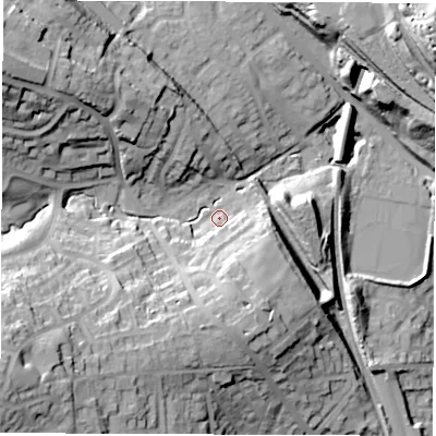 Shaded relief map of the ground around S352YS, computed from Environment Agency LiDAR. The ground here sits at about 90 m above sea level and falls 43 m across the surrounding 800 m. Surface water reaching this point runs off ground lying to the south, 18.4 m higher.