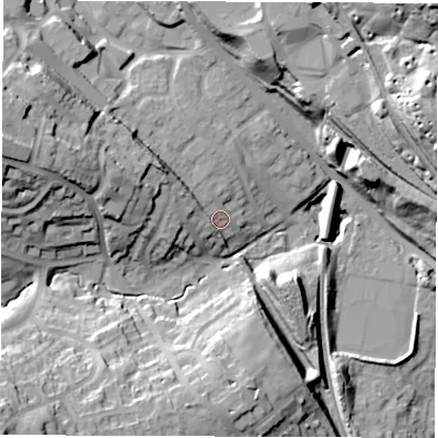 Shaded relief map of the ground around S352YW, computed from Environment Agency LiDAR. The ground here sits at about 92 m above sea level and falls 41 m across the surrounding 800 m. Surface water reaching this point runs off ground lying to the west-north-west, 14.5 m higher.
