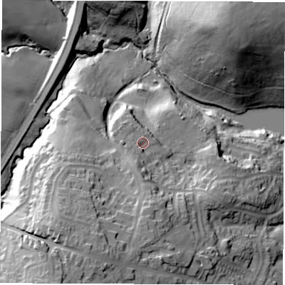 Shaded relief map of the ground around S354GR, computed from Environment Agency LiDAR. The ground here sits at about 129 m above sea level and falls 45 m across the surrounding 800 m. Surface water reaching this point runs off ground lying to the south-south-west, 6.6 m higher.