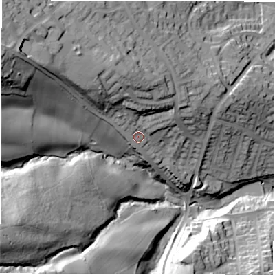 Shaded relief map of the ground around S354JP, computed from Environment Agency LiDAR. The ground here sits at about 135 m above sea level and falls 61 m across the surrounding 800 m. Surface water reaching this point runs off ground lying to the north-north-west, 21.1 m higher.