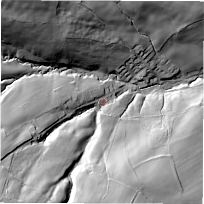 Shaded relief map of the ground around S357AT, computed from Environment Agency LiDAR. The ground here sits at about 128 m above sea level and falls 69 m across the surrounding 800 m. Surface water reaching this point runs off ground lying to the south-west, 54.6 m higher.