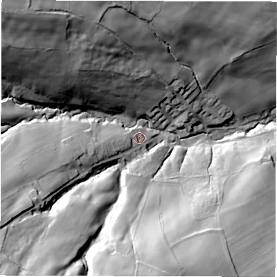 Shaded relief map of the ground around S357BJ, computed from Environment Agency LiDAR. The ground here sits at about 125 m above sea level and falls 64 m across the surrounding 800 m. Surface water reaching this point runs off ground lying to the west-south-west, 12.2 m higher.