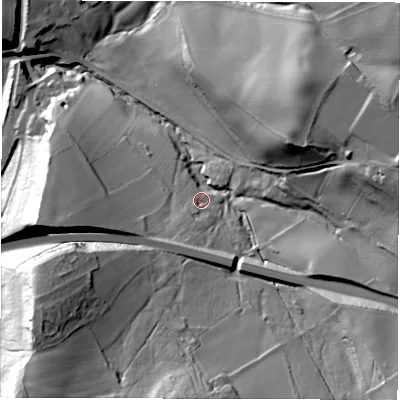 Shaded relief map of the ground around S357DH, computed from Environment Agency LiDAR. The ground here sits at about 180 m above sea level and falls 74 m across the surrounding 800 m. Surface water reaching this point runs off ground lying to the south-south-west, 14.1 m higher.