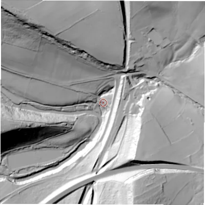 Shaded relief map of the ground around S357DL, computed from Environment Agency LiDAR. The ground here sits at about 147 m above sea level and falls 80 m across the surrounding 800 m. Surface water reaching this point runs off ground lying to the south-south-east, 59.0 m higher.