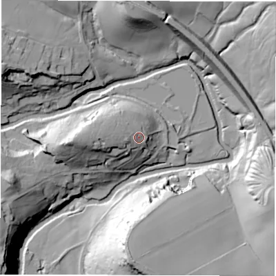 Shaded relief map of the ground around S357DN, computed from Environment Agency LiDAR. The ground here sits at about 165 m above sea level and falls 55 m across the surrounding 800 m. Surface water reaching this point runs off ground lying to the west, 8.3 m higher.