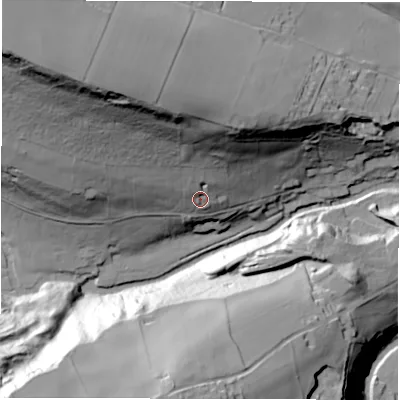 Shaded relief map of the ground around S357EG, computed from Environment Agency LiDAR. The ground here sits at about 173 m above sea level and falls 88 m across the surrounding 800 m. Surface water reaching this point runs off ground lying to the north-north-west, 41.7 m higher.