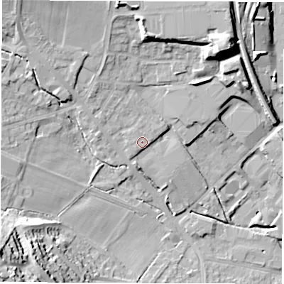 Shaded relief map of the ground around S359AE, computed from Environment Agency LiDAR. The ground here sits at about 61 m above sea level and falls 37 m across the surrounding 800 m. Surface water reaching this point runs off ground lying to the west, 1.6 m higher.