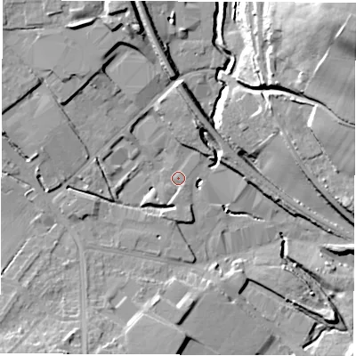 Shaded relief map of the ground around S359TG, computed from Environment Agency LiDAR. The ground here sits at about 56 m above sea level and falls 44 m across the surrounding 800 m. Surface water reaching this point runs off ground lying to the south-west, 3.9 m higher.
