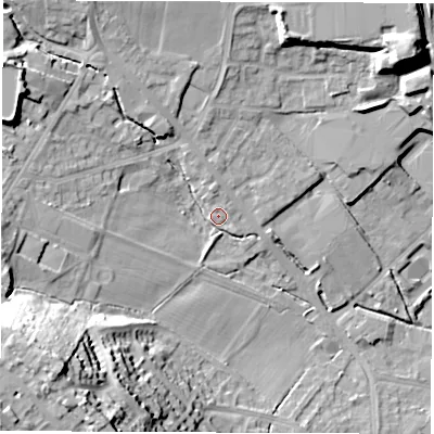 Shaded relief map of the ground around S359TT, computed from Environment Agency LiDAR. The ground here sits at about 61 m above sea level and falls 36 m across the surrounding 800 m. Surface water reaching this point runs off ground lying to the west, 14.0 m higher.