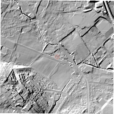 Shaded relief map of the ground around S359UZ, computed from Environment Agency LiDAR. The ground here sits at about 59 m above sea level and falls 37 m across the surrounding 800 m. Surface water reaching this point runs off ground lying to the west-north-west, 9.6 m higher.