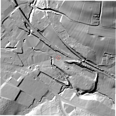Shaded relief map of the ground around S359WA, computed from Environment Agency LiDAR. The ground here sits at about 54 m above sea level and falls 45 m across the surrounding 800 m. Surface water reaching this point runs off ground lying to the north-west, 6.4 m higher.