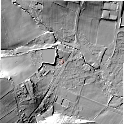 Shaded relief map of the ground around S359WF, computed from Environment Agency LiDAR. The ground here sits at about 68 m above sea level and falls 44 m across the surrounding 800 m. Surface water reaching this point runs off ground lying to the west-south-west, 29.5 m higher.