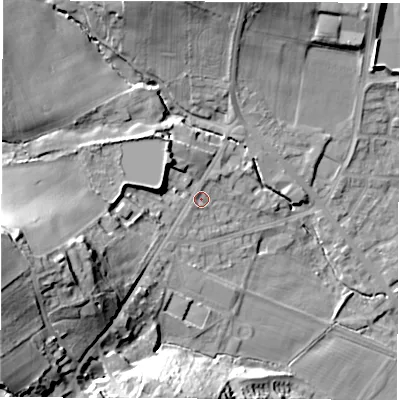 Shaded relief map of the ground around S359WG, computed from Environment Agency LiDAR. The ground here sits at about 66 m above sea level and falls 41 m across the surrounding 800 m. Surface water reaching this point runs off ground lying to the west-south-west, 29.5 m higher.