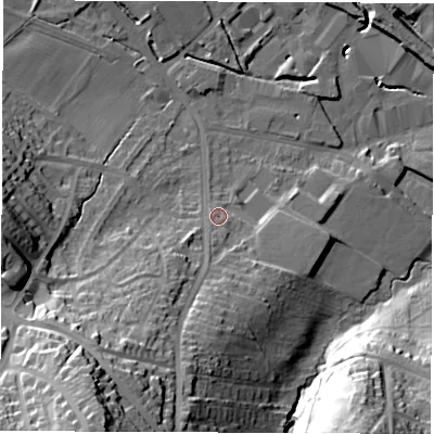 Shaded relief map of the ground around S359WL, computed from Environment Agency LiDAR. The ground here sits at about 61 m above sea level and falls 47 m across the surrounding 800 m. Surface water reaching this point runs off ground lying to the south-south-west, 25.4 m higher.