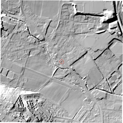 Shaded relief map of the ground around S359WN, computed from Environment Agency LiDAR. The ground here sits at about 61 m above sea level and falls 37 m across the surrounding 800 m. Surface water reaching this point runs off ground lying to the north-north-east, 10.6 m higher.