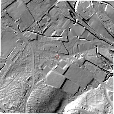 Shaded relief map of the ground around S359WY, computed from Environment Agency LiDAR. The ground here sits at about 56 m above sea level and falls 41 m across the surrounding 800 m. Surface water reaching this point runs off ground lying to the south-west, 30.2 m higher.