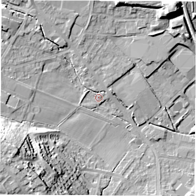 Shaded relief map of the ground around S359XL, computed from Environment Agency LiDAR. The ground here sits at about 60 m above sea level and falls 37 m across the surrounding 800 m. Surface water reaching this point runs off ground lying to the west, 10.7 m higher.