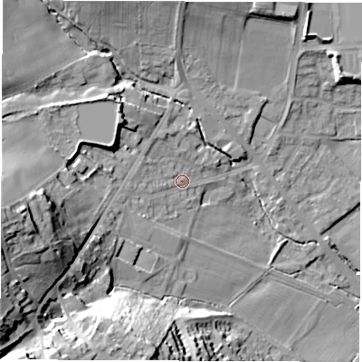 Shaded relief map of the ground around S359XP, computed from Environment Agency LiDAR. The ground here sits at about 65 m above sea level and falls 38 m across the surrounding 800 m. Surface water reaching this point runs off ground lying to the west, 4.1 m higher.
