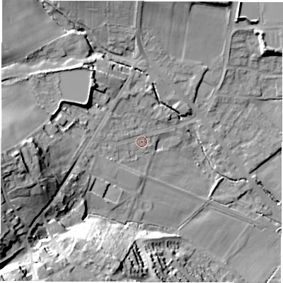 Shaded relief map of the ground around S359XQ, computed from Environment Agency LiDAR. The ground here sits at about 65 m above sea level and falls 38 m across the surrounding 800 m. Surface water reaching this point runs off ground lying to the west-south-west, 25.0 m higher.