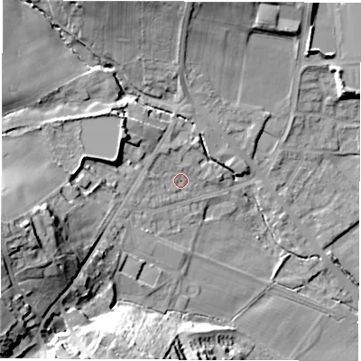Shaded relief map of the ground around S359YP, computed from Environment Agency LiDAR. The ground here sits at about 65 m above sea level and falls 39 m across the surrounding 800 m. Surface water reaching this point runs off ground lying to the west-south-west, 3.2 m higher.