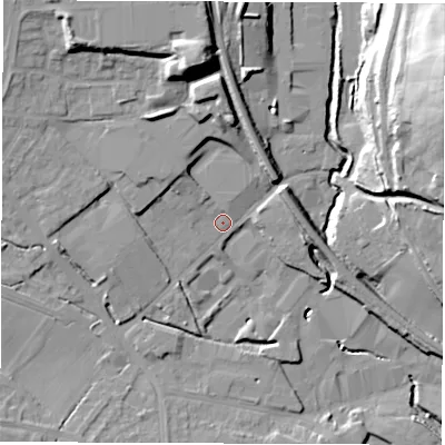 Shaded relief map of the ground around S359YR, computed from Environment Agency LiDAR. The ground here sits at about 58 m above sea level and falls 36 m across the surrounding 800 m. Surface water reaching this point runs off ground lying to the north-north-west, 16.9 m higher.